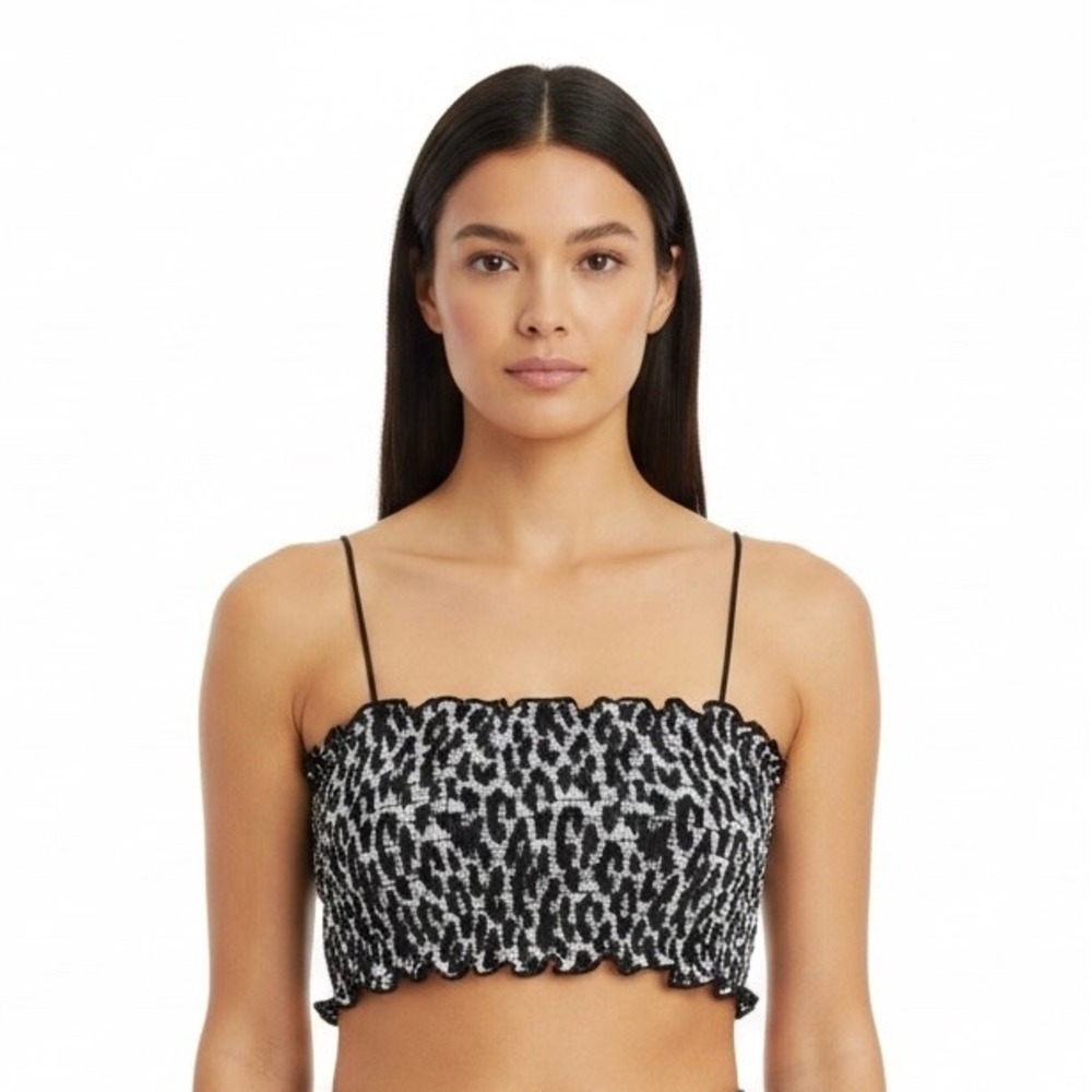 Heat Womens XL Black Tan Leopard Smocked Cross Tie Back Bandeau Swimwear Top